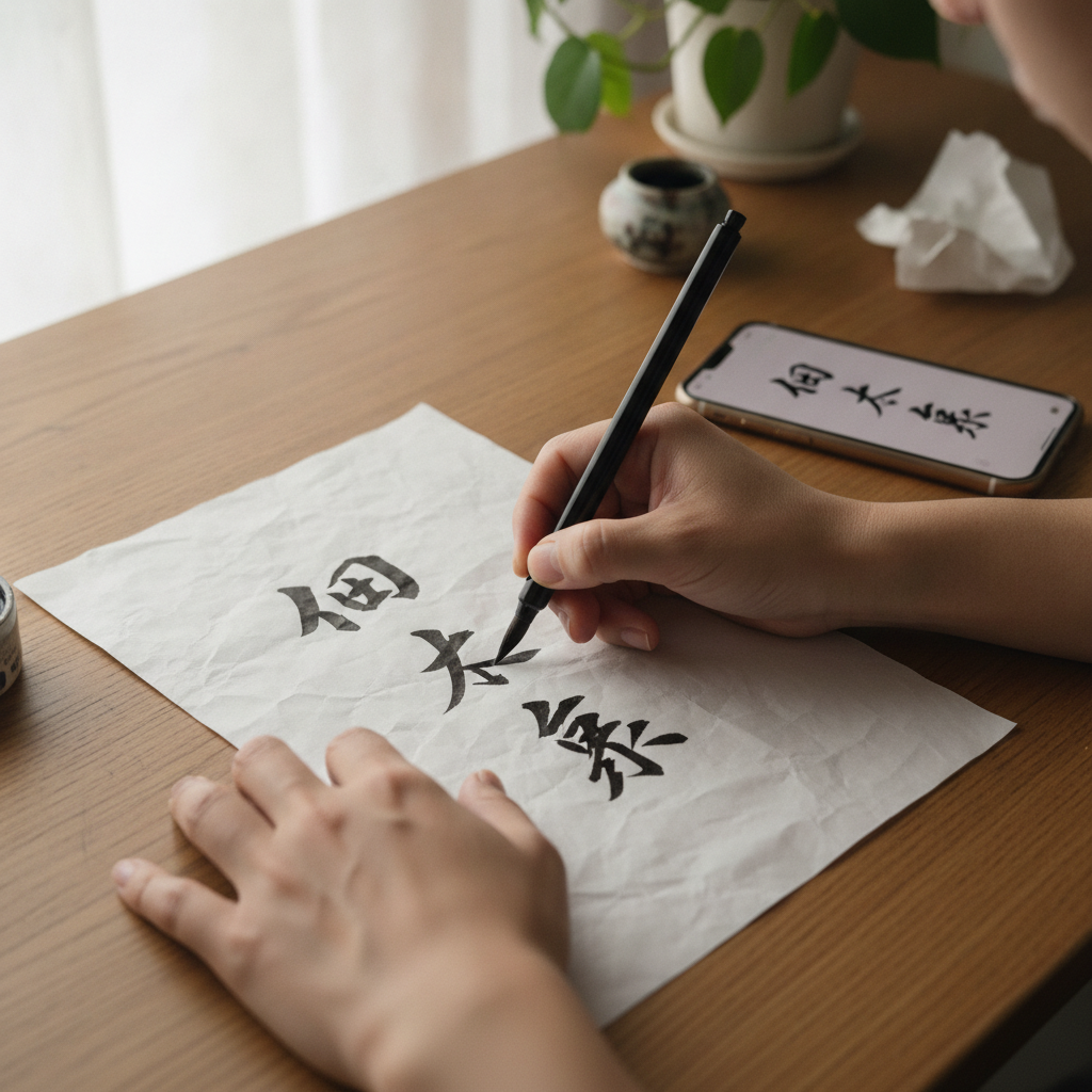スマホに表示した自分の名前のお手本を横に置き、練習用紙に筆ペンで名前を書いて練習している様子