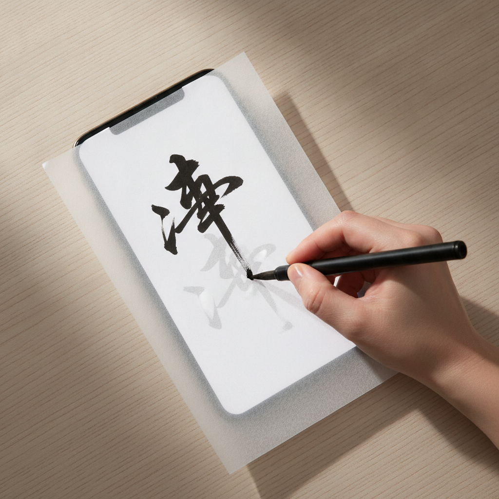 机に平らに置いたスマートフォンの画面にお手本の文字を表示し、上に重ねた練習用紙を筆ペンでなぞっている様子