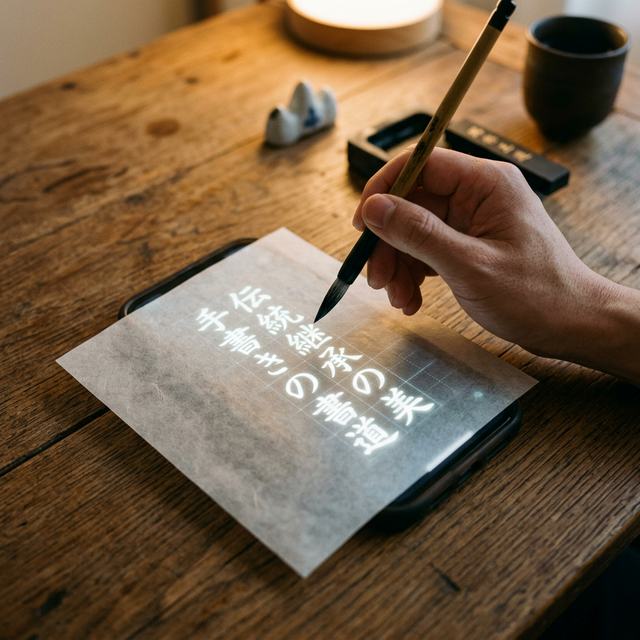 スマホをトレース台として使って宛名書きをしている様子